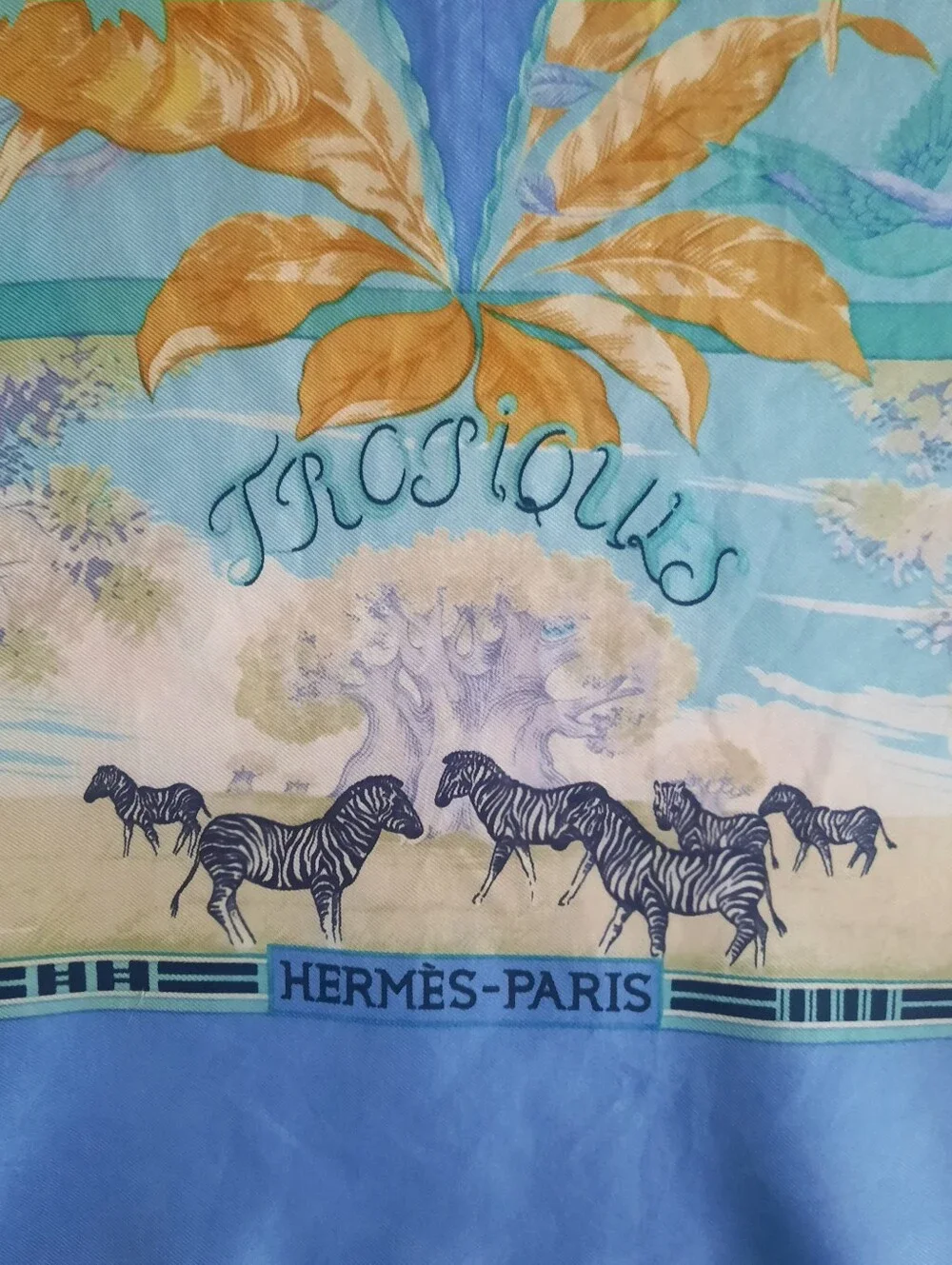 Vintage HERMÈS Tropiques Silk Twill Scarf 90cm Blue/Multi (Altered/Trim Added) - Picture 8 of 16